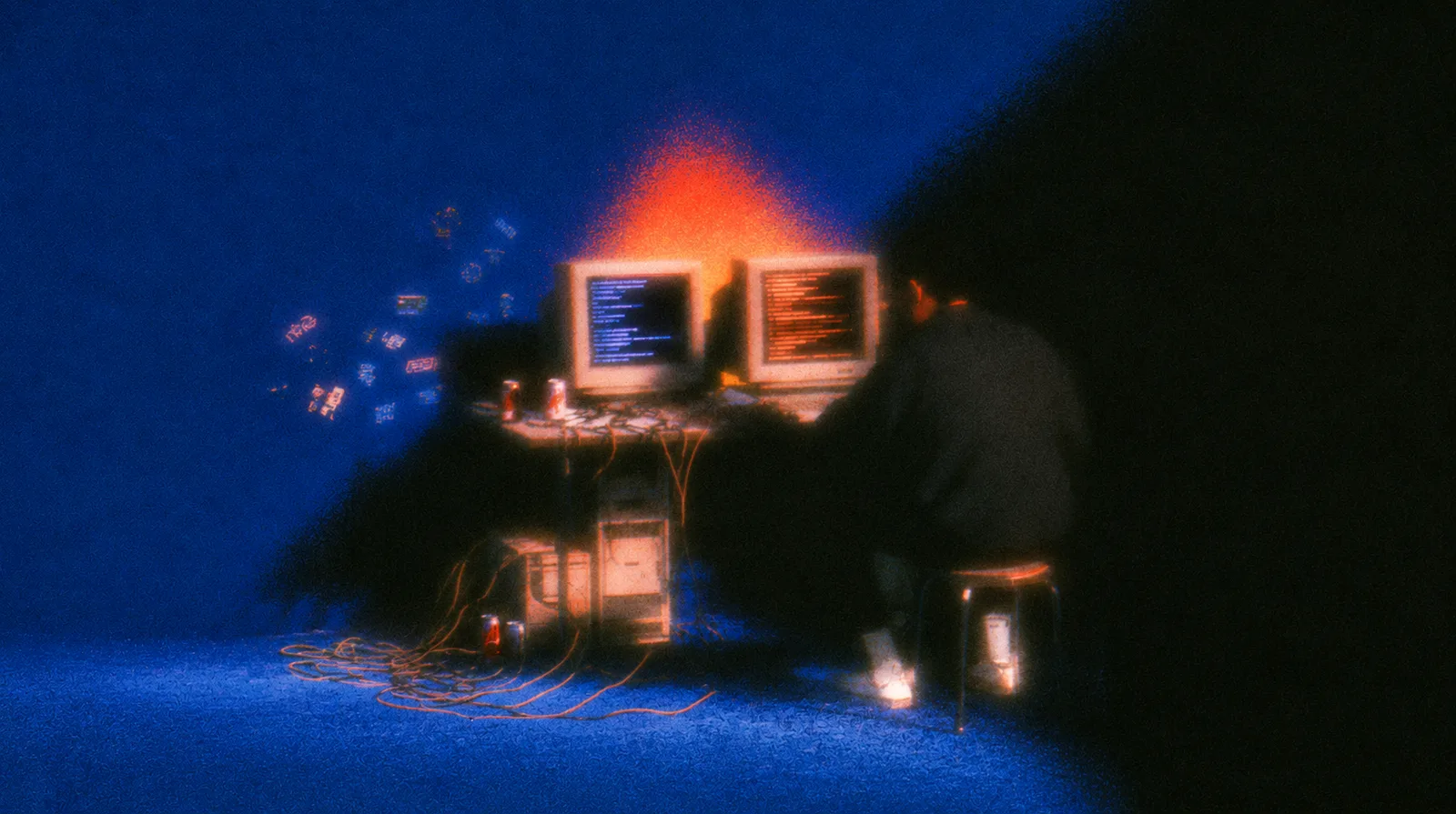 Grainy film still of a person on a stool at a desk with two glowing CRT monitors, cans and tangled cables, an orange glow above and small pixel icons floating in a blue room