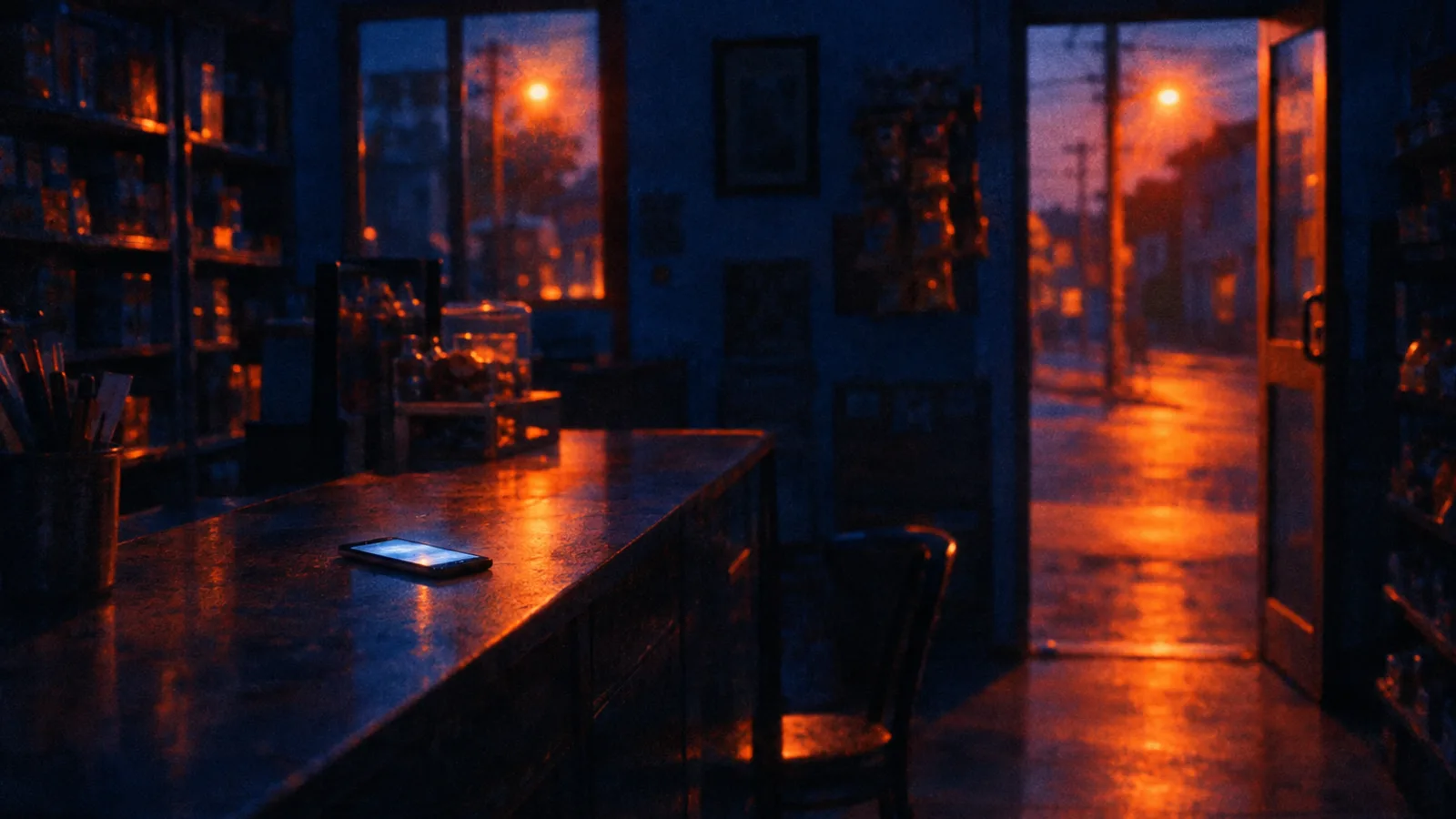 A shop counter at dusk seen from inside, a phone glowing face-up on the counter and orange streetlight falling through an open door into a deep blue room