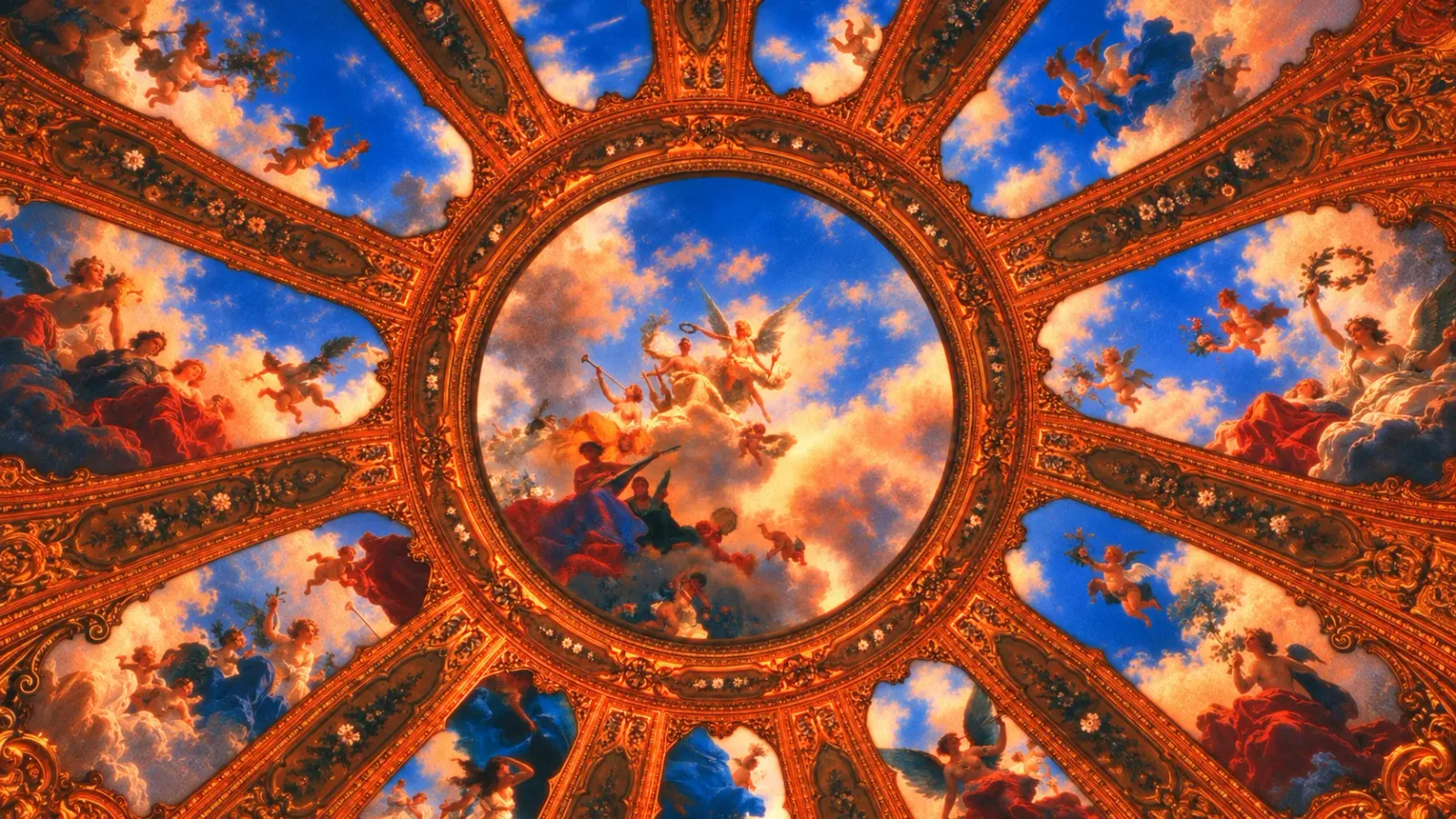 A painted dome ceiling seen from below: gilded ribs framing a blue sky of clouds, angels and cherubs around a central medallion