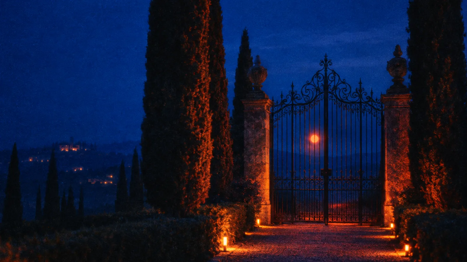 A locked iron garden gate at night between tall cypress trees, a lamp-lit gravel path leading up to it and a single orange light glowing beyond the bars